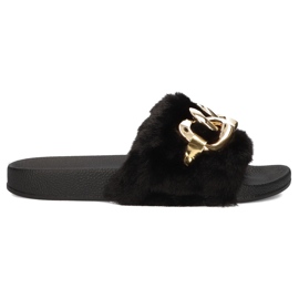 Filippo Ciabatte nere con pelliccia, catena oro QT300 nero