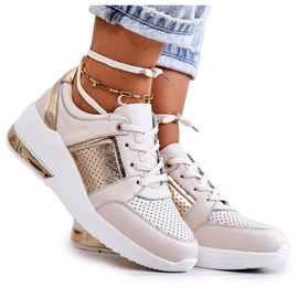 S.Barski Scarpe sportive in pelle da donna su zeppa Larson beige e bianco d'oro