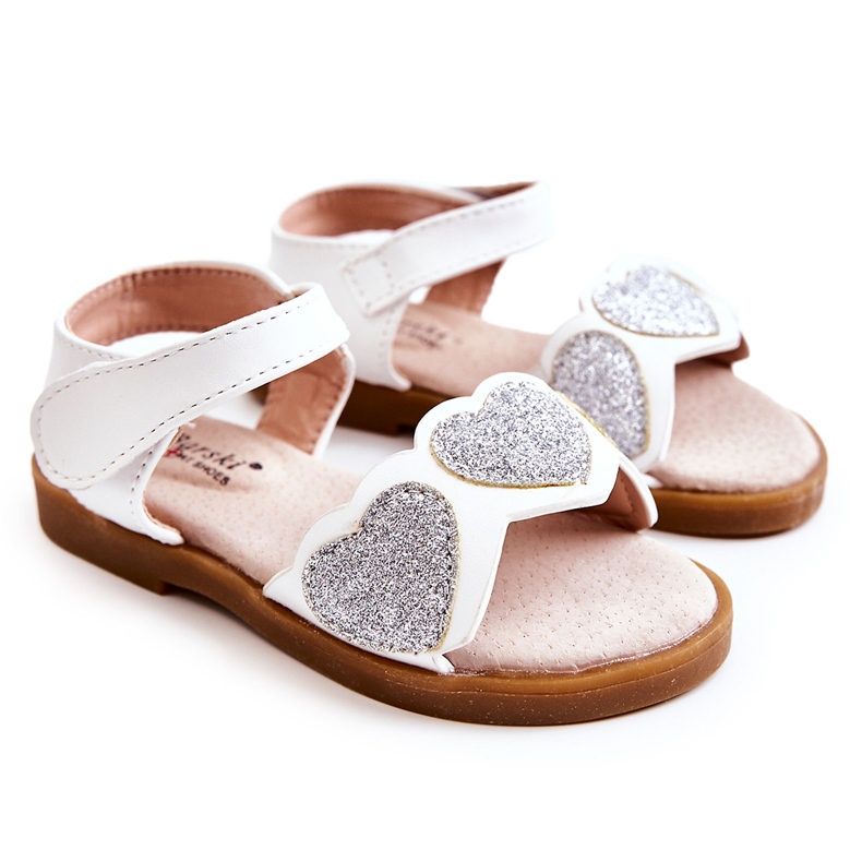 S.Barski Sandali Bambini in Pelle Broccato Cuori Bianchi Luisa bianca