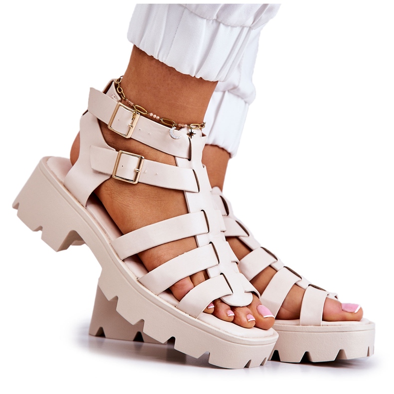 PS1 Sandali In Pelle Con Strisce Beige Minorite