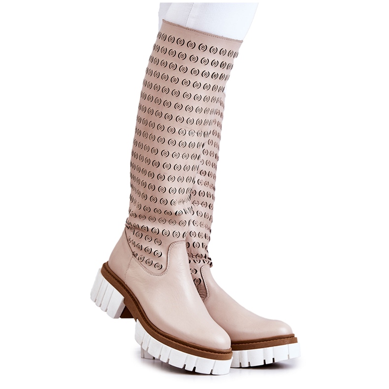 Stivali in pelle traforati con cerniera Lativia beige
