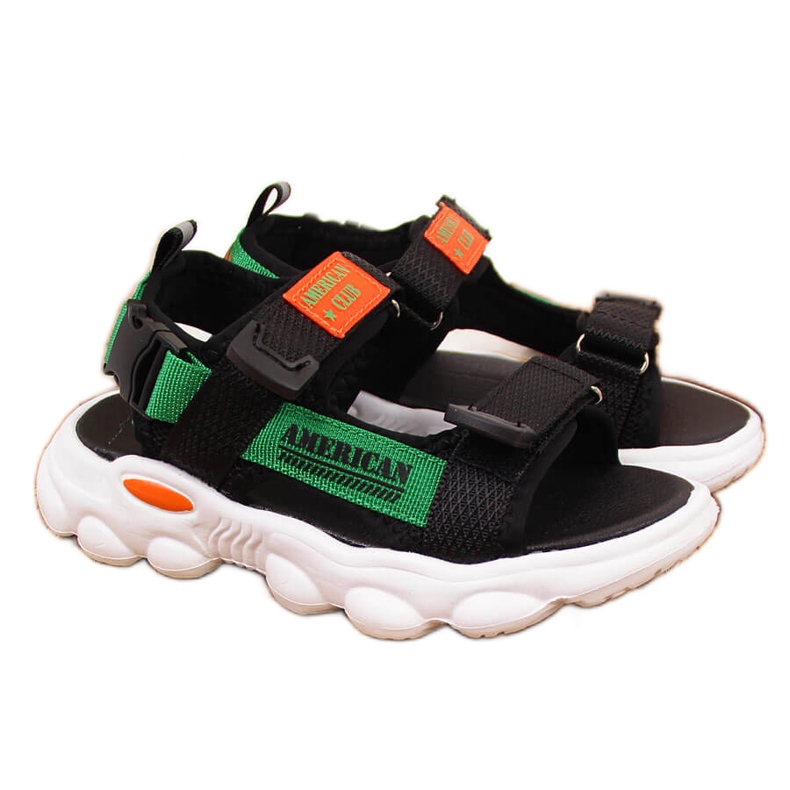 Sandali neri da ragazzo American Club con velcro nero verde