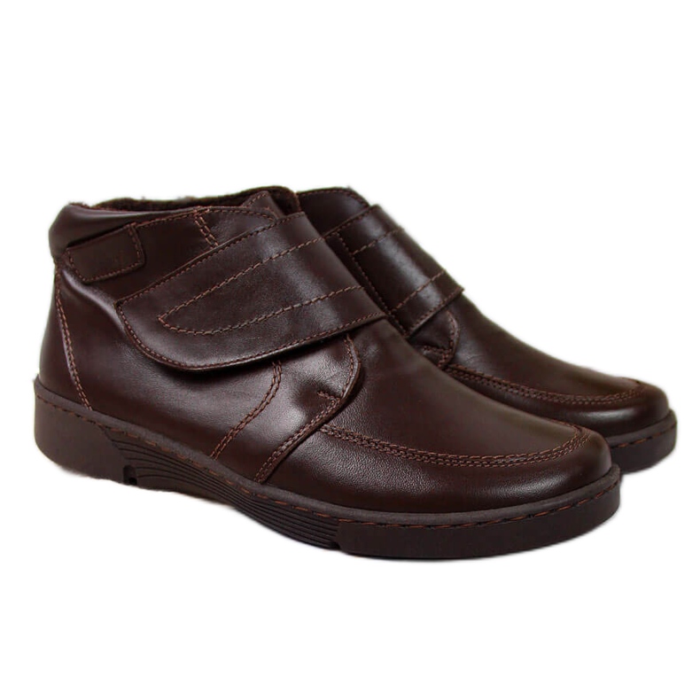 Stivali da donna in pelle marrone con velcro, marrone Łukbut 676
