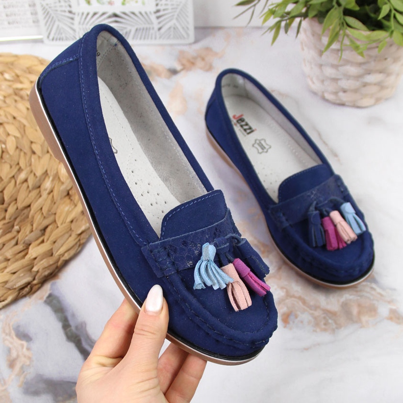 Mocassini da donna in pelle con frange, blu navy Jezzi