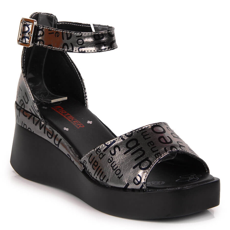 Sandali da donna in pelle con zeppa Artiker metallizzata d'argento grigio