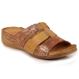 Ciabatte in pelle beige e oro con elastici Łukbut 1103 d'oro