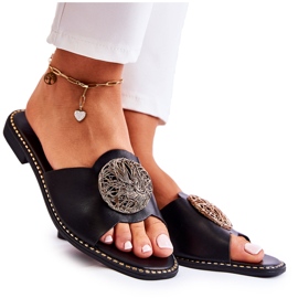 S.Barski Pantofole in pelle da donna con ornamento Colene nero