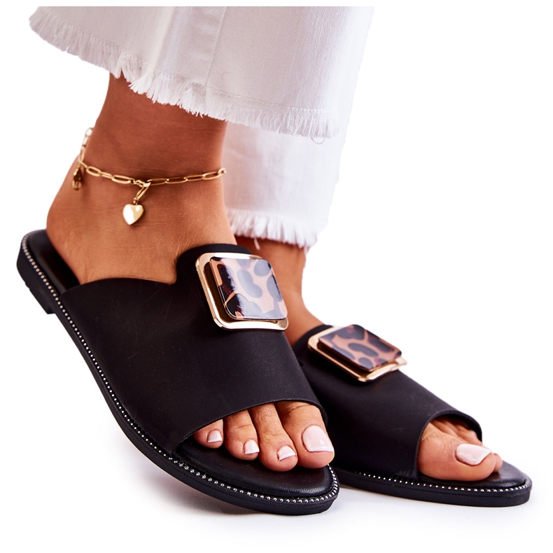 FJ1 Ciabatte Da Donna Con Elemento Decorativo Nero Leonia