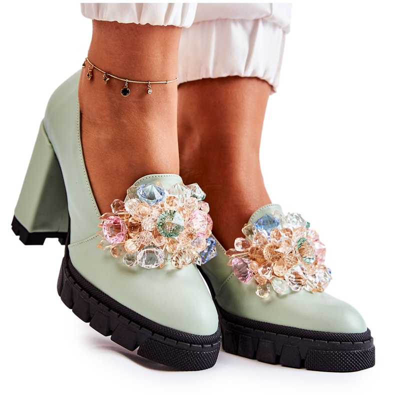 PA2 Pompe Eleganti Con Ornamento Di Caterine Verde Liscio