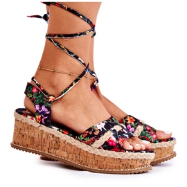 FS3 Sandali da donna espadrillas con fiori neri Lamour nero multicolore