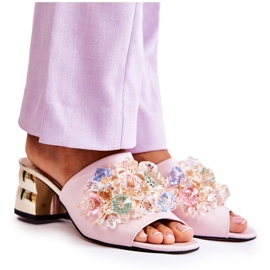 PA2 Pantofole Da Donna In Pelle Con Tacchi Alti Con Decorazione Calinda Rosa