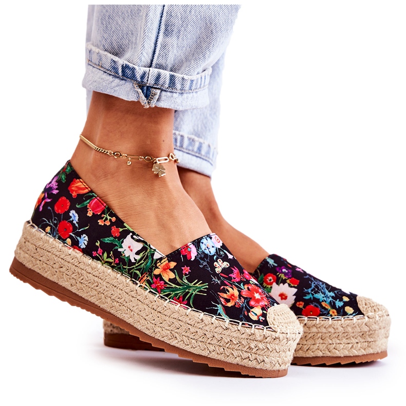 FS3 Espadrillas slip-on alla moda con fiori di morice neri nero multicolore