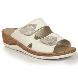 Ciabatte da donna bianche in pelle Rieker V7151-80 con zeppe in velcro bianca