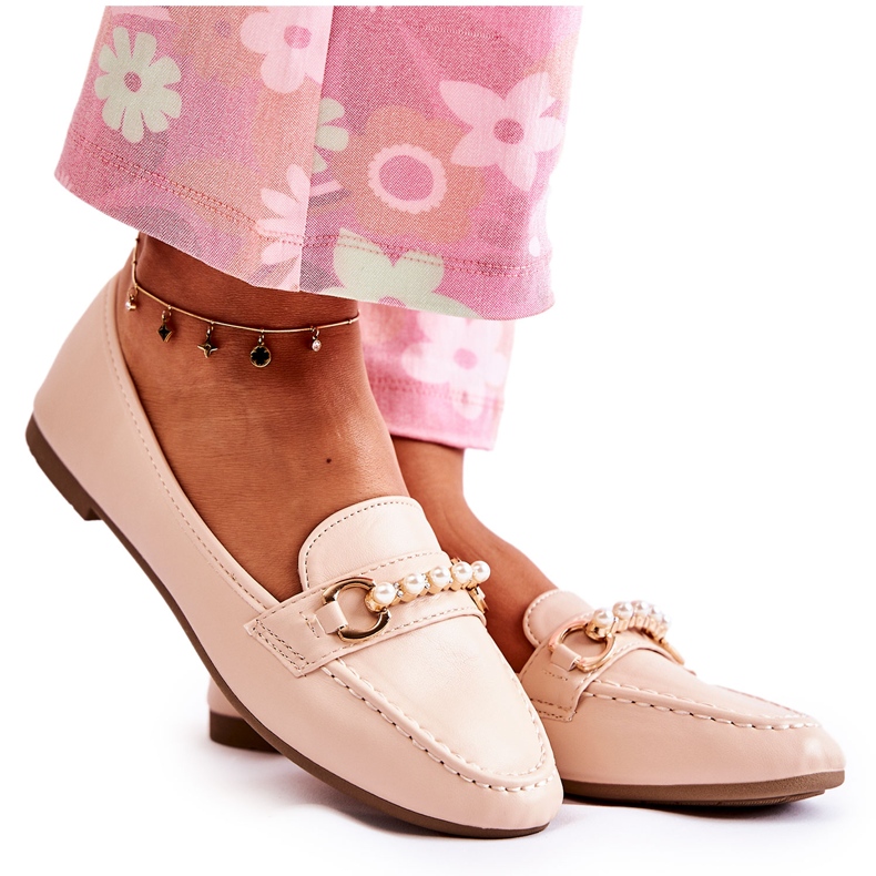 PG1 Mocassini Da Donna Con Perle Decorate Beige Sergia