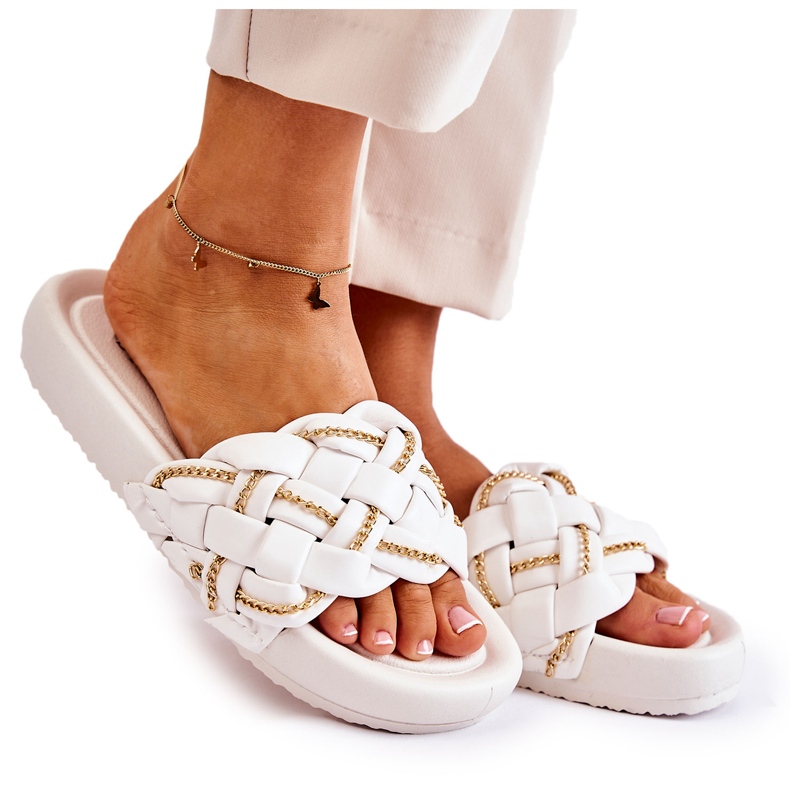 PS1 Ciabatte Da Donna In Pelle Con Catena Soline Bianche bianca