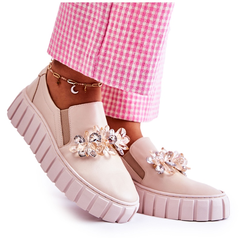 PA2 Sneakers Slip-On Da Donna In Pelle Con Decoro Mirana Beige
