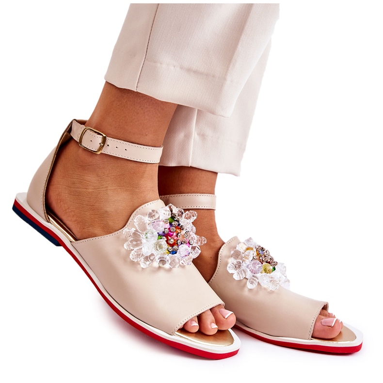 PA2 Sandali Da Donna In Pelle Con Decorazione Nevassa Beige