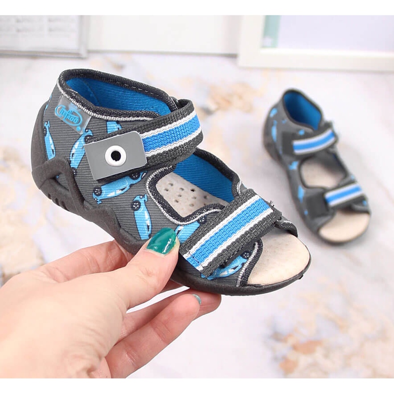 Ciabatte da bambino in velcro con Befado racer grigio e blu