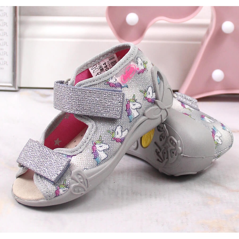 Ciabatte da bambina con velcro grigio Befado unicorno