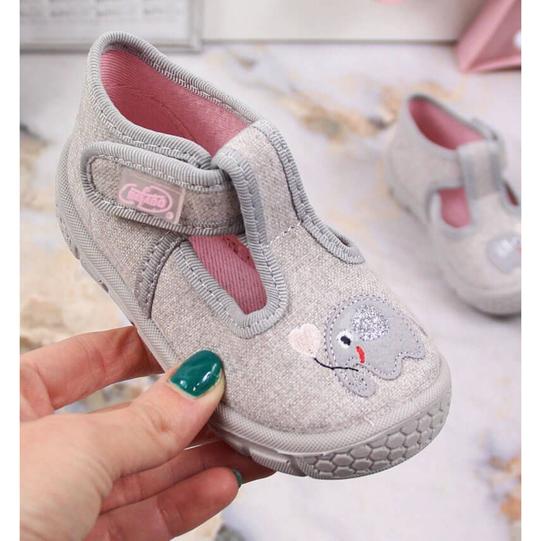 Ciabatte da bambina con velcro Befado grigio con elefante