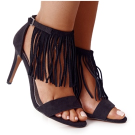 S.Barski Sandali in pelle scamosciata su un tacco alto con frange nere Boho Swing nero