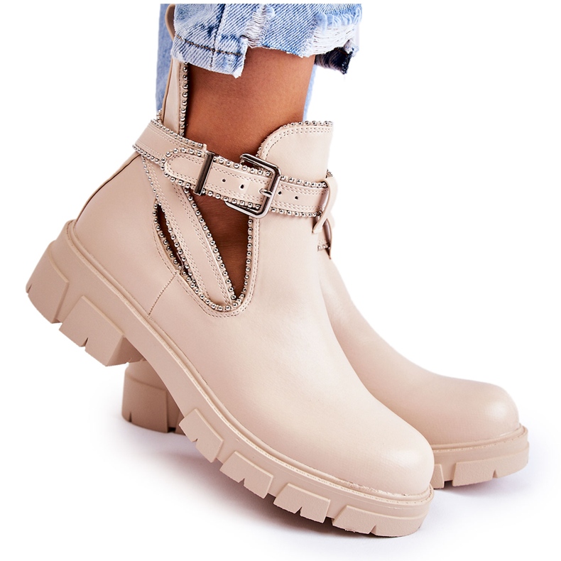 PG1 Stivali da donna in pelle con borchie Beige Clares