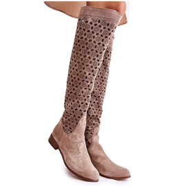 PA2 Stivali In Pelle Scamosciata Con Motivo Traforato A Punta Beige Scuro
