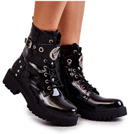 PG1 Stivali Laccati Da Donna Con Borchie Nero Leticia