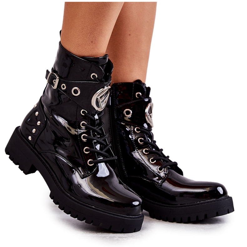 PG1 Stivali Laccati Da Donna Con Borchie Nero Leticia