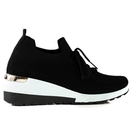 SHELOVET Sneakers da donna in tessuto nero con tacco a zeppa