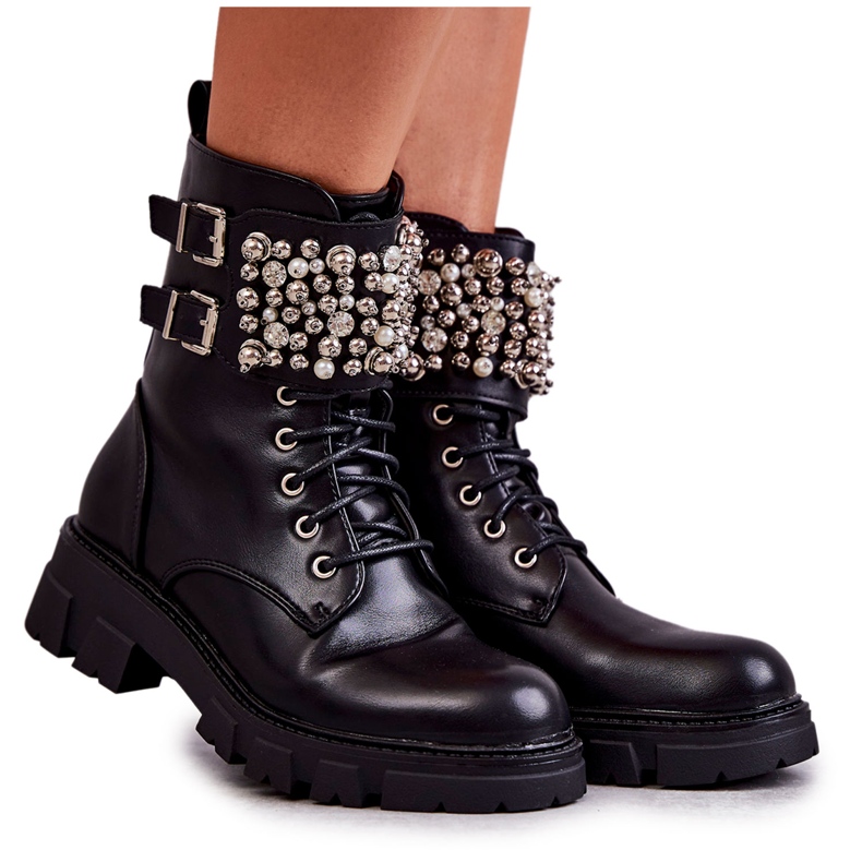 PG1 Stivaletti Da Donna Con Ornamenti Legati Nero Leonese