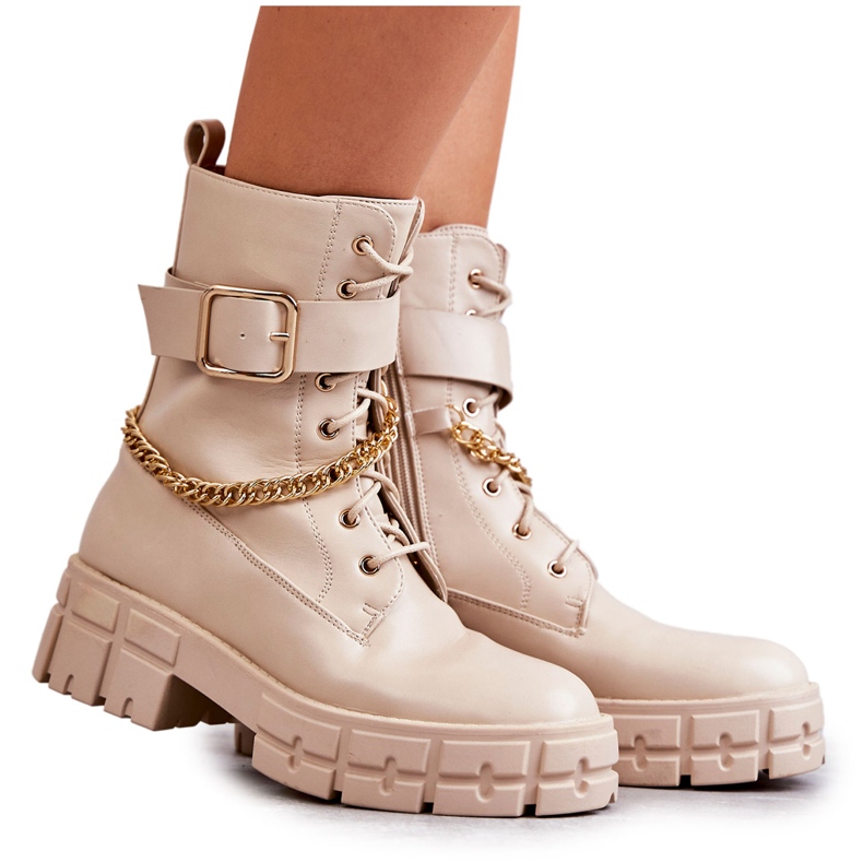PG1 Stivali Da Lavoro Alla Moda Con Catena Solesso Beige
