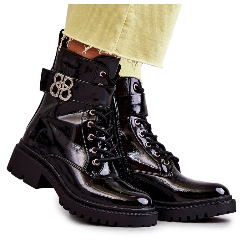 PG1 Stivali caldi da donna laccati con decorazione Hayes nera nero