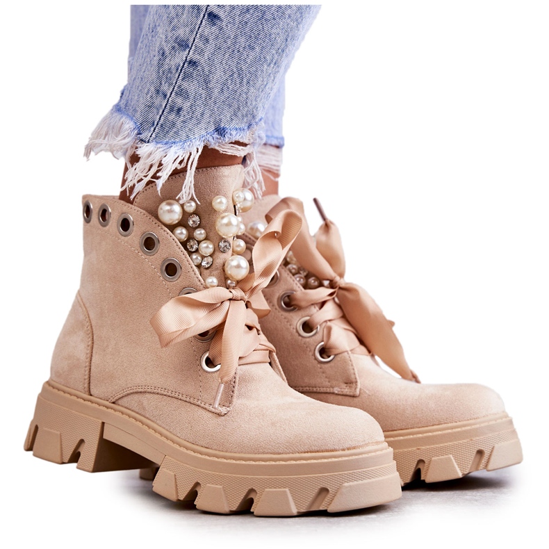 PS1 Stivali Caldi In Pelle Scamosciata Con Perle Beige Roco