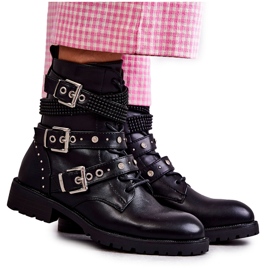PG1 Stivali Da Donna In Pelle Con Righe Decorate Nero Russo