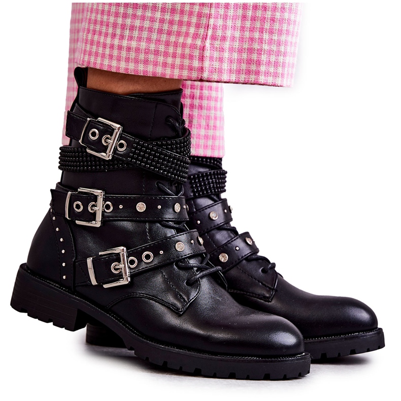 PG1 Stivali Da Donna In Pelle Con Righe Decorate Nero Russo