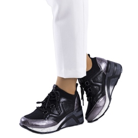 Sneakers nere e metallizzate su zeppa Bluflon nero d'argento