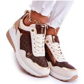PG1 Scarpe Sportive Da Donna Con Zeppa, Ecopelle, Catrine Bianco-Marrone beige d'oro