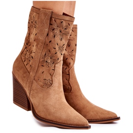 FB1 Stivali da cowboy in pelle scamosciata alla moda con fiori di corallo cammello marrone