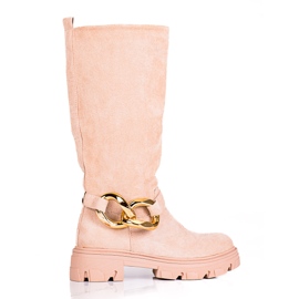 Stivali beige da donna con catena Shelovet in pelle scamosciata ecologica