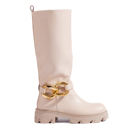 Stivali beige da donna con catena Shelovet in pelle ecologica