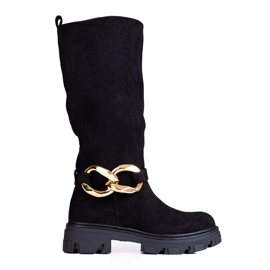 Stivali neri da donna con catena Shelovet realizzati in suede ecologico nero