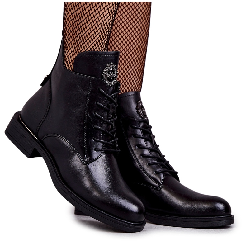 Vinceza Stivali stringati su tacco piatto Black Grete nero
