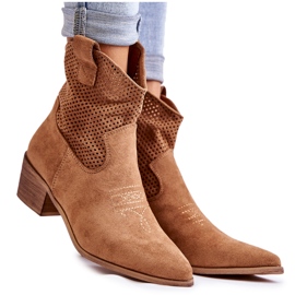 FB1 Stivali da cowboy traforati in pelle scamosciata con cuciture Camel Elvire B-829 marrone