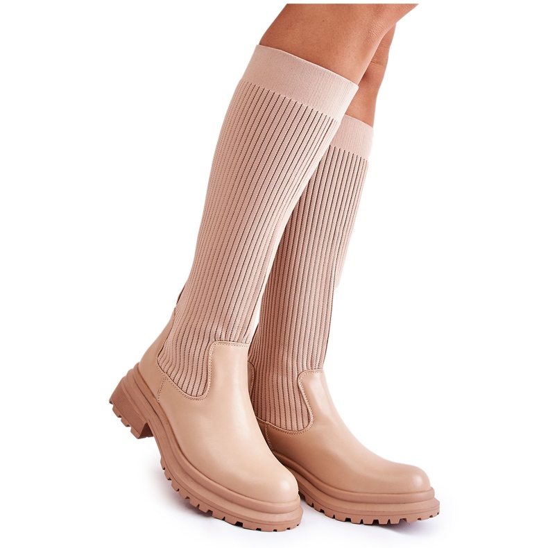 PS1 Stivali piatti da donna a costine Beige Allys QT50P
