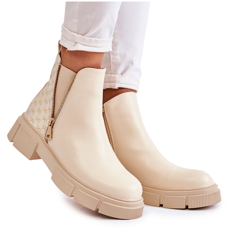 PG1 Stivali In Pelle Da Donna Con Cerniera Decorativa Beige Chiaro Lorra
