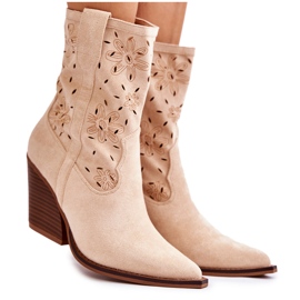 FB1 Stivali da cowboy in pelle scamosciata alla moda con fiori beige Coralie B-818