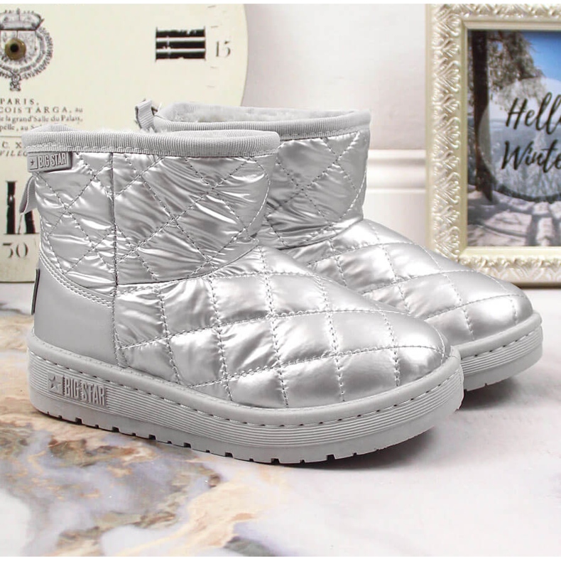 Stivali da neve slip-on da ragazza argento, trapuntati, trapuntati e isolati argento Big Star KK374241 d'argento