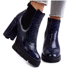 Stivaletti in vernice con motivo serpente su tacco alto, blu navy