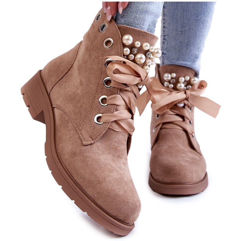 FB2 Stivali Caldi In Pelle Scamosciata Raiso Beige Scuro Con Cerniera Con Perle